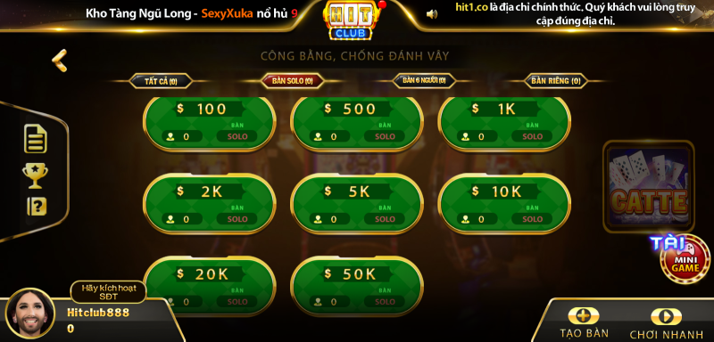 Đa dạng bàn chơi trong catte Hit Club