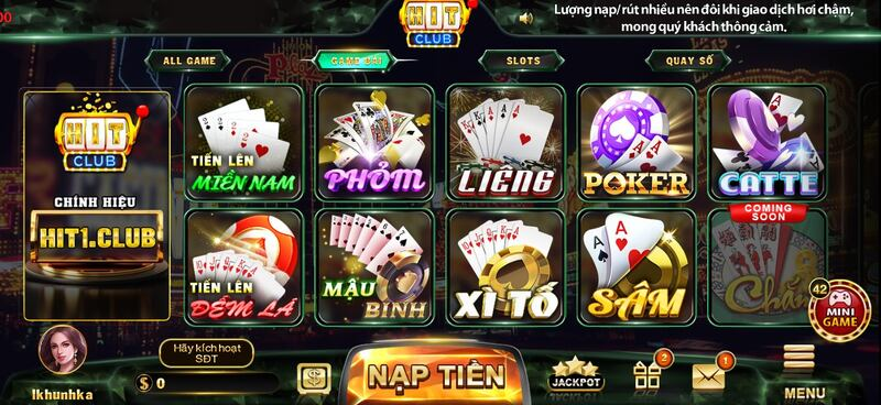 Game bài liêng tại cổng game Hit Club