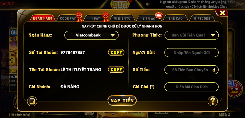 Nạp tiền Hit Club qua ngân hàng