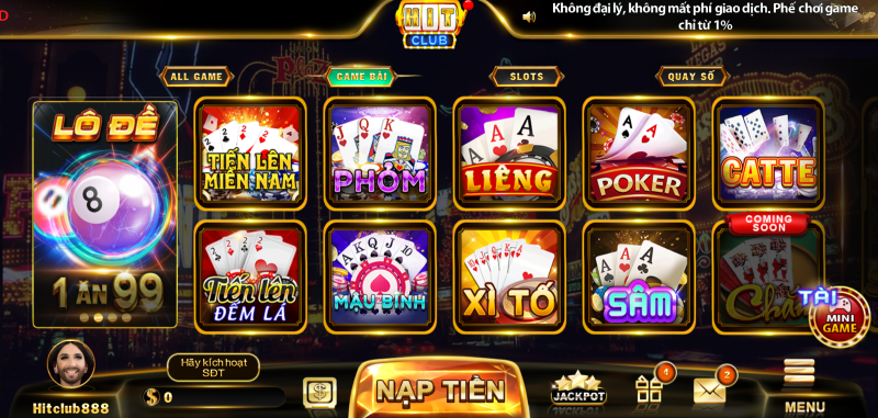 Sảnh game bài tại cổng game Hit Club